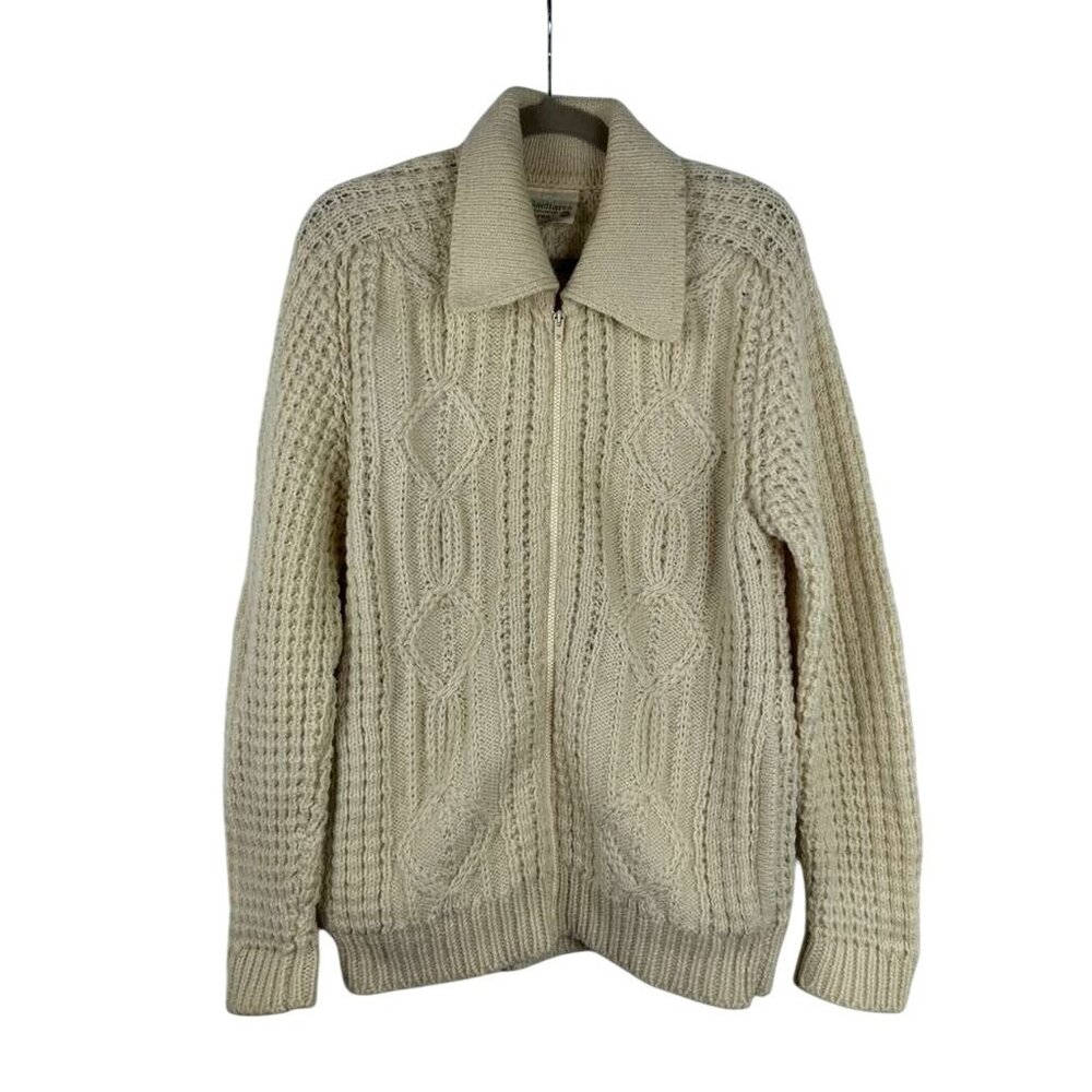 Vintage Gaeltarra Men's Size 38 Cream Irish Fisherman Sweater 100% Wool Full Zip
